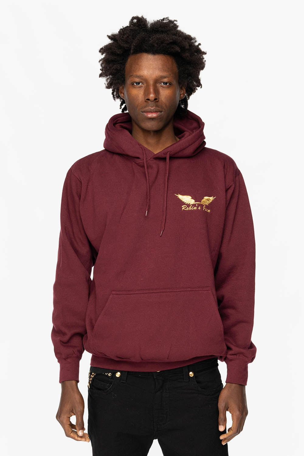PULLOVER HOODIE IN BURGANDY WITH GOLD WINGS EMBROIDERY Essentials Wear Warm Look