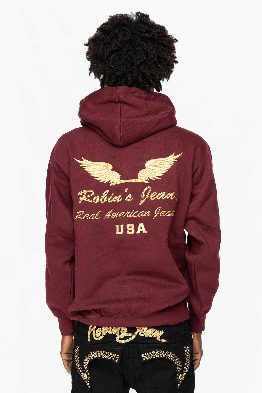 Seasonal Trend product low end affordability PULLOVER HOODIE IN BURGANDY WITH GOLD WINGS EMBROIDERY