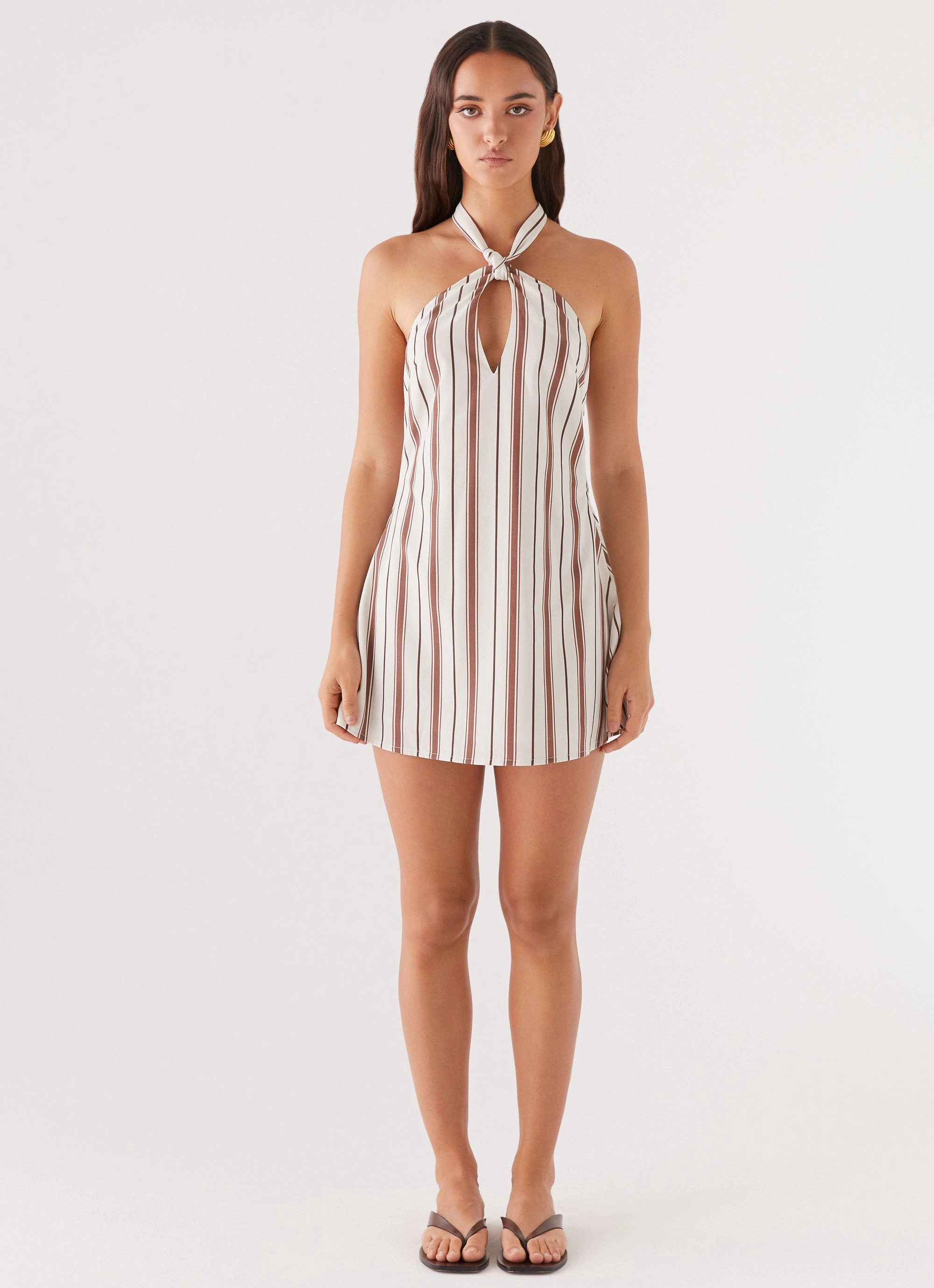 Counting Stars Linen Halterneck Dress - Brown Stripe Compact Fit