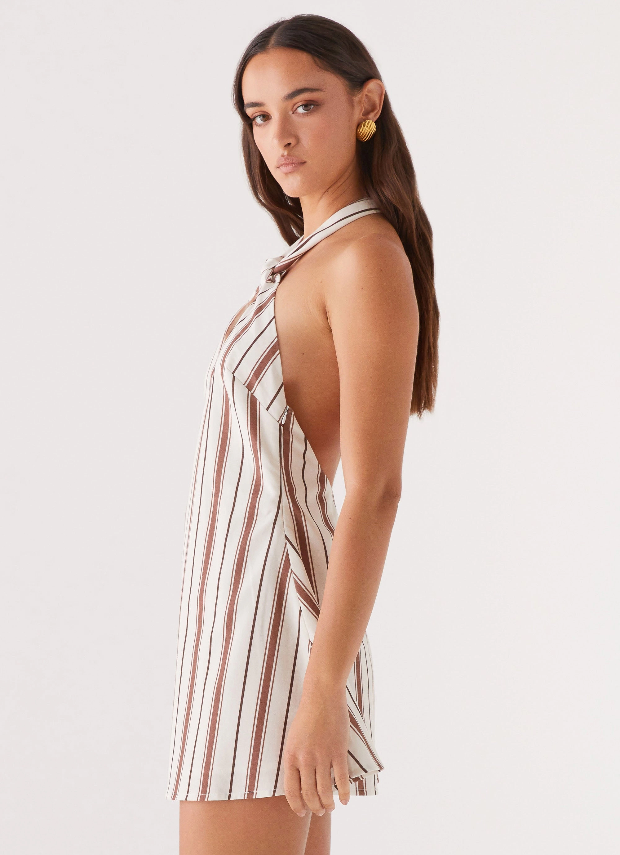 Counting Stars Linen Halterneck Dress - Brown Stripe Lounge Mood Pretty Glow