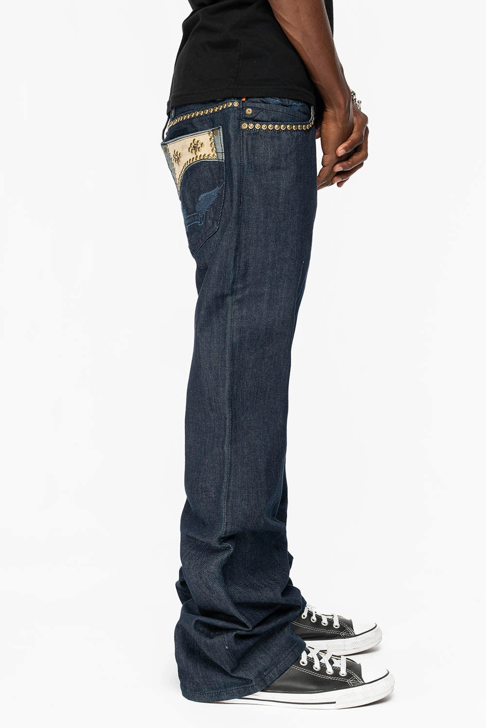 Summer Vibes WESTERN BOOT CUT JEAN WITH ULTRA SUEDE POCKET  EMBELLISHED WITH CRYSTALS AND STUDS IN RINSE WASH