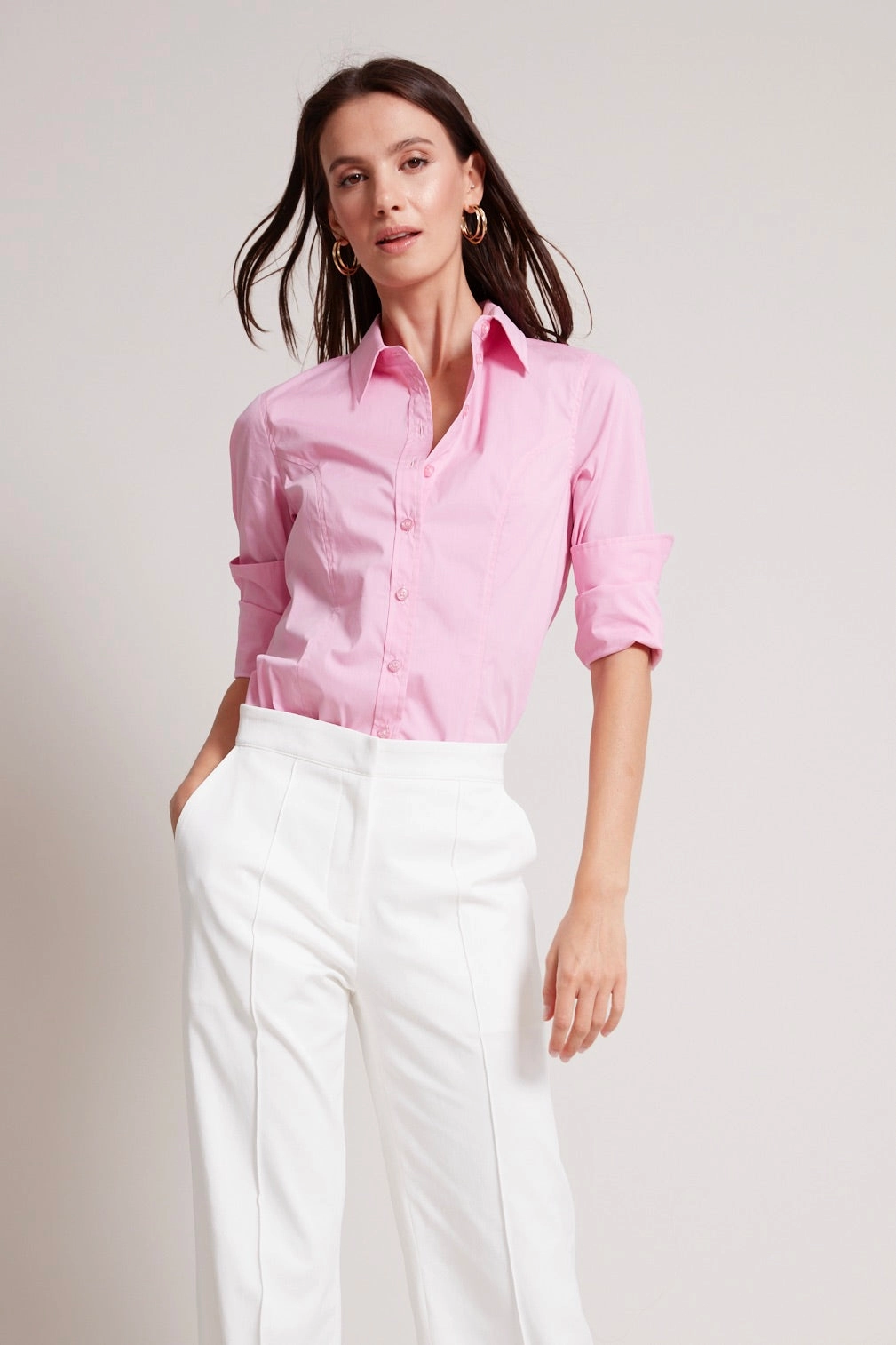 Tina Princess Cut Semi-Fitted Buttoned Down Stretch Shirt - Cotton Candy Chilly Day Wear V-neck style