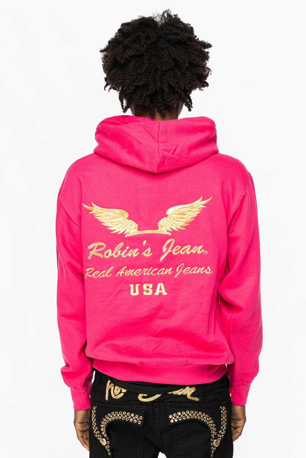 PULLOVER HOODIE IN FUSCHIA WITH GOLD WINGS EMBROIDERY Fresh Chic