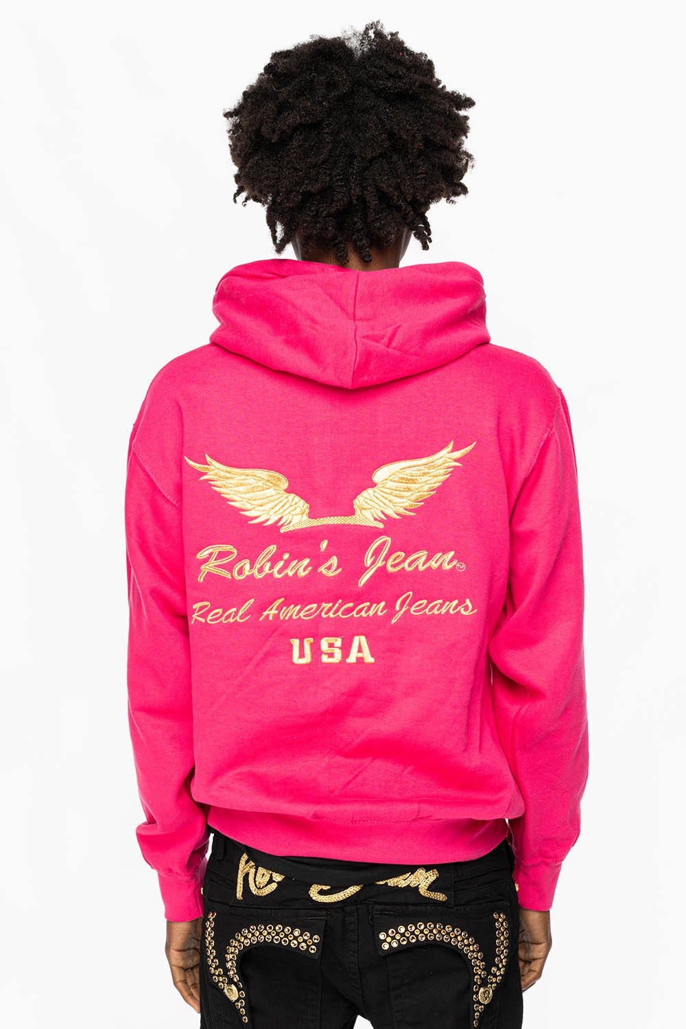 PULLOVER HOODIE IN FUSCHIA WITH GOLD WINGS EMBROIDERY product smooth sleekness Odor Free
