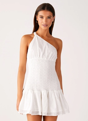 Quilted-Texture Hestia Drop Waist Shirring Mini Dress - White