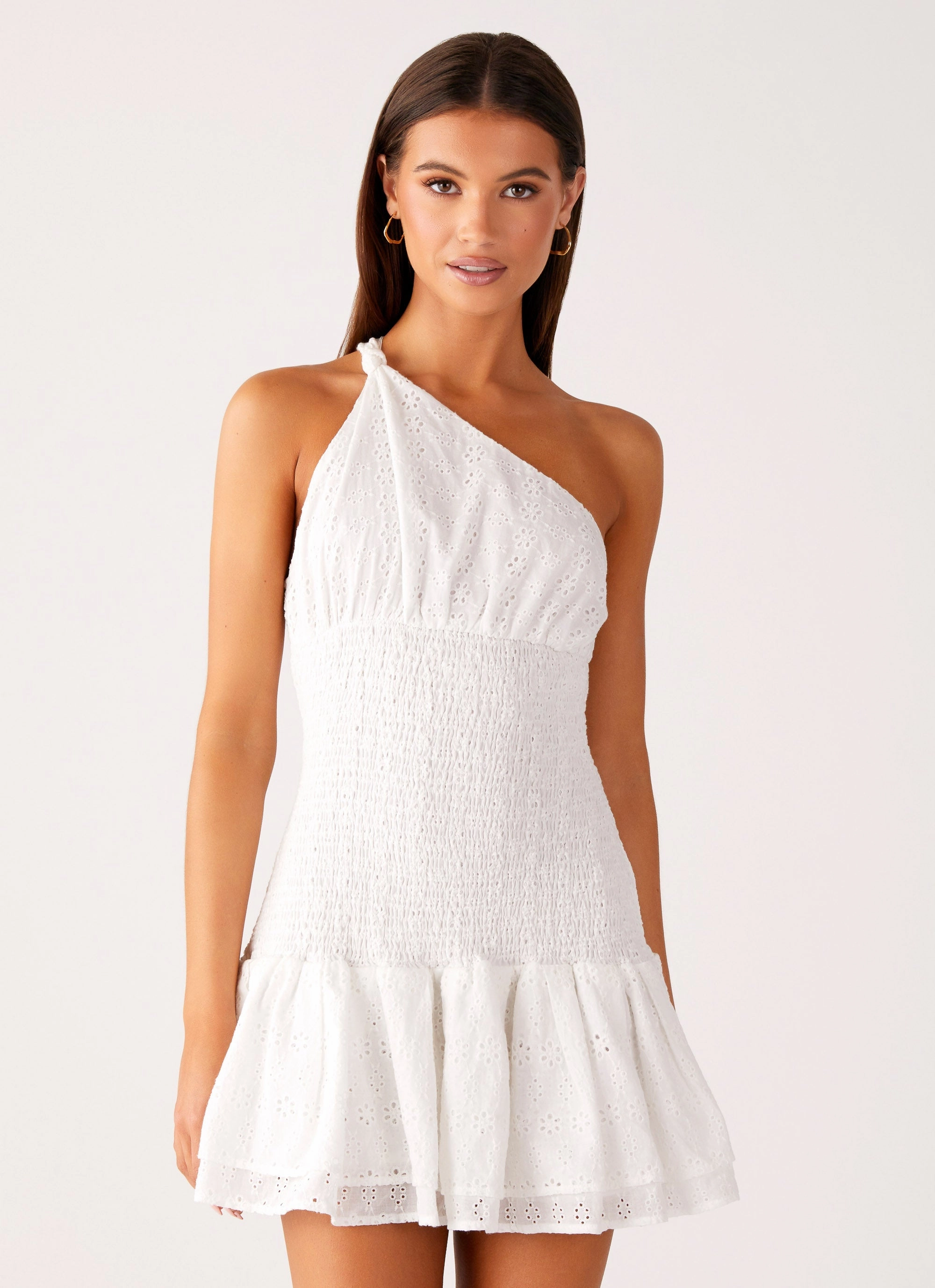 Quilted-Texture Hestia Drop Waist Shirring Mini Dress - White