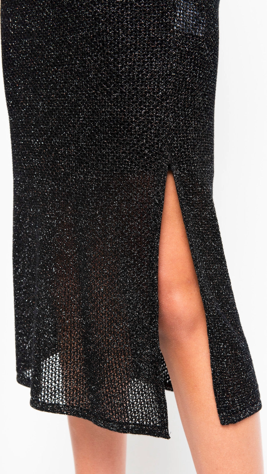 Grace Color Simona Shimmer Mesh Knit Short Sleeved Long Dress - Black Silver