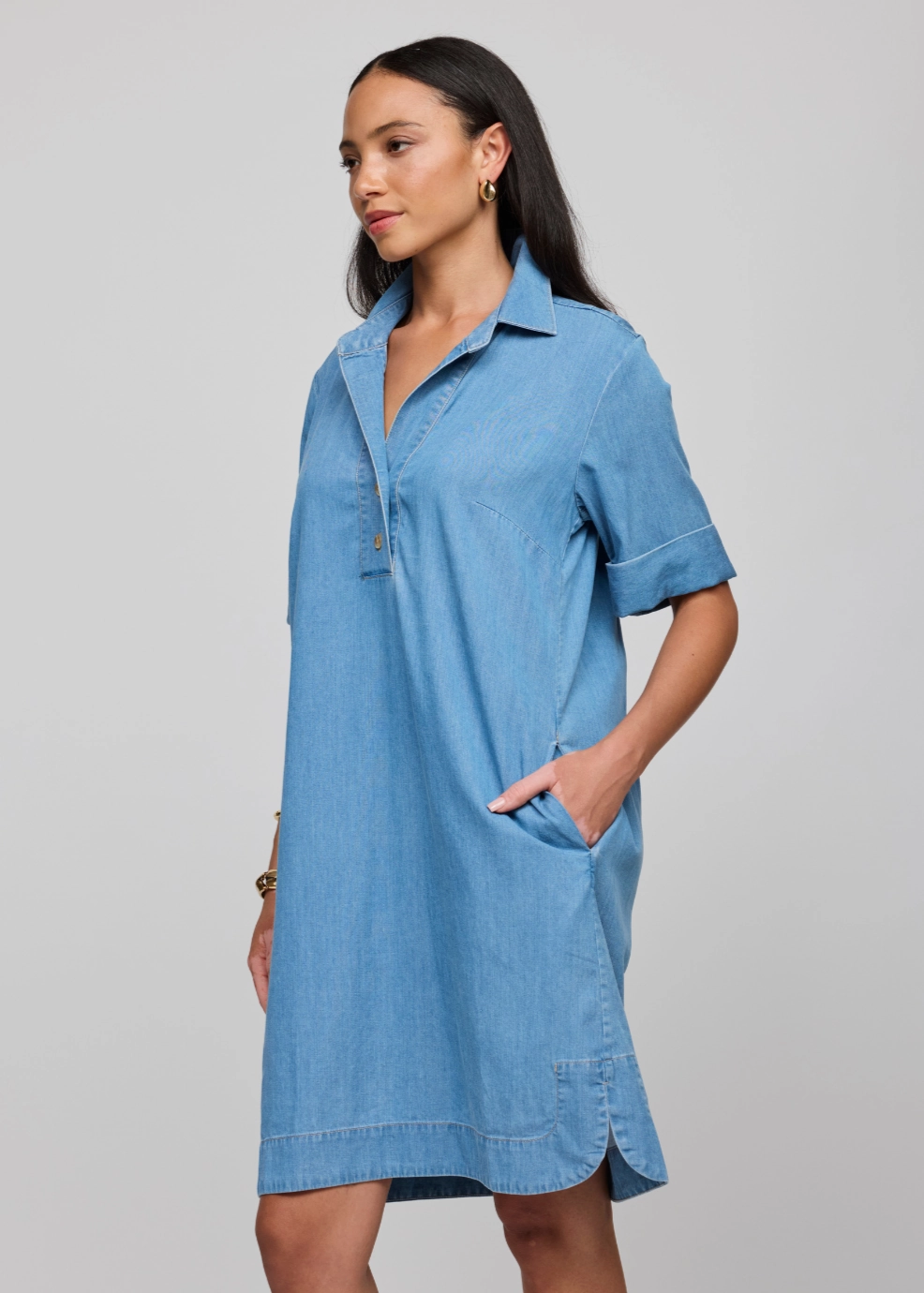 Loose Flow Office Mood Aileen Short Sleeve Denim Tencel Dress - Light Wash