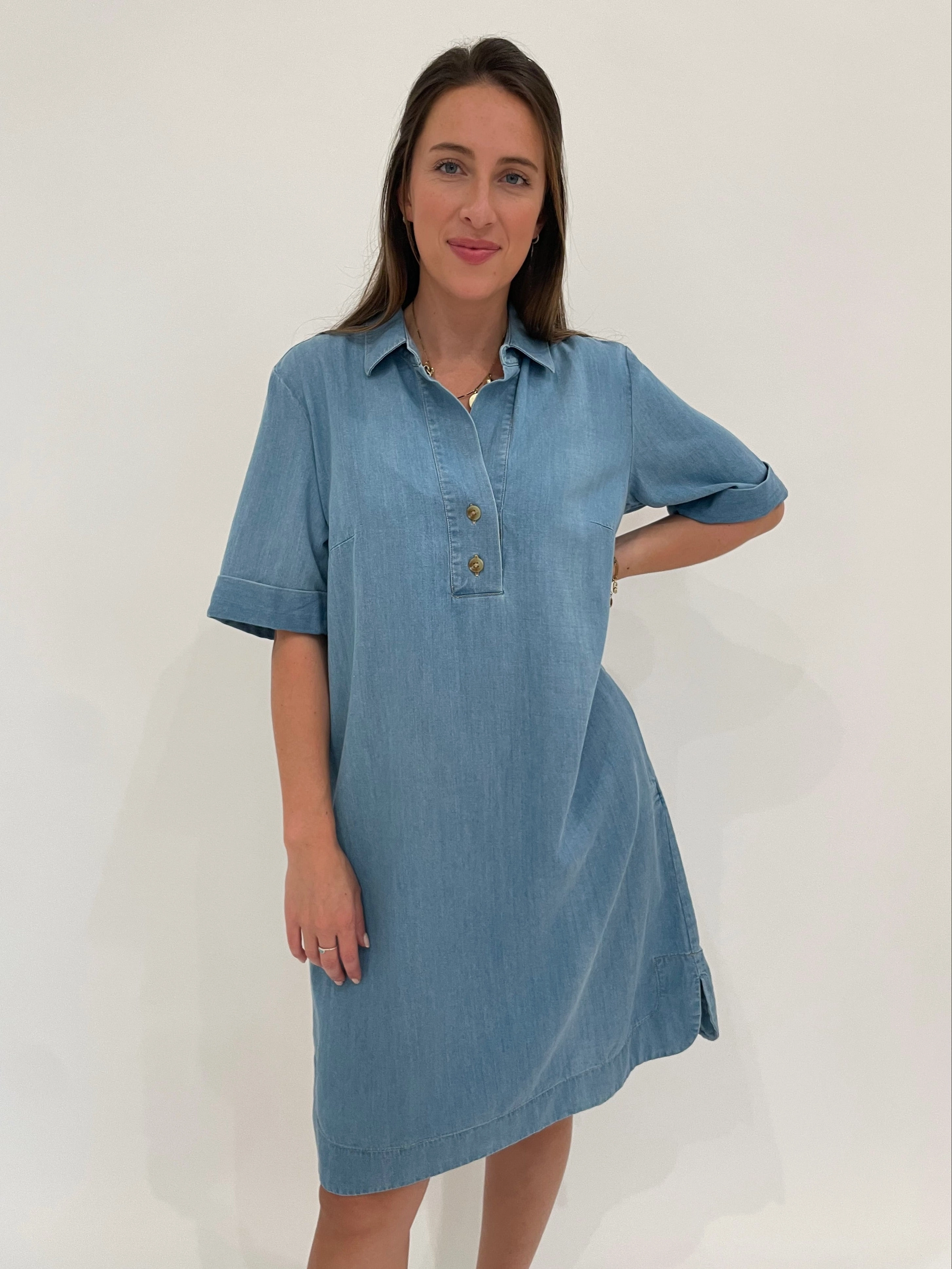 Bright Mood Aileen Short Sleeve Denim Tencel Dress - Light Wash