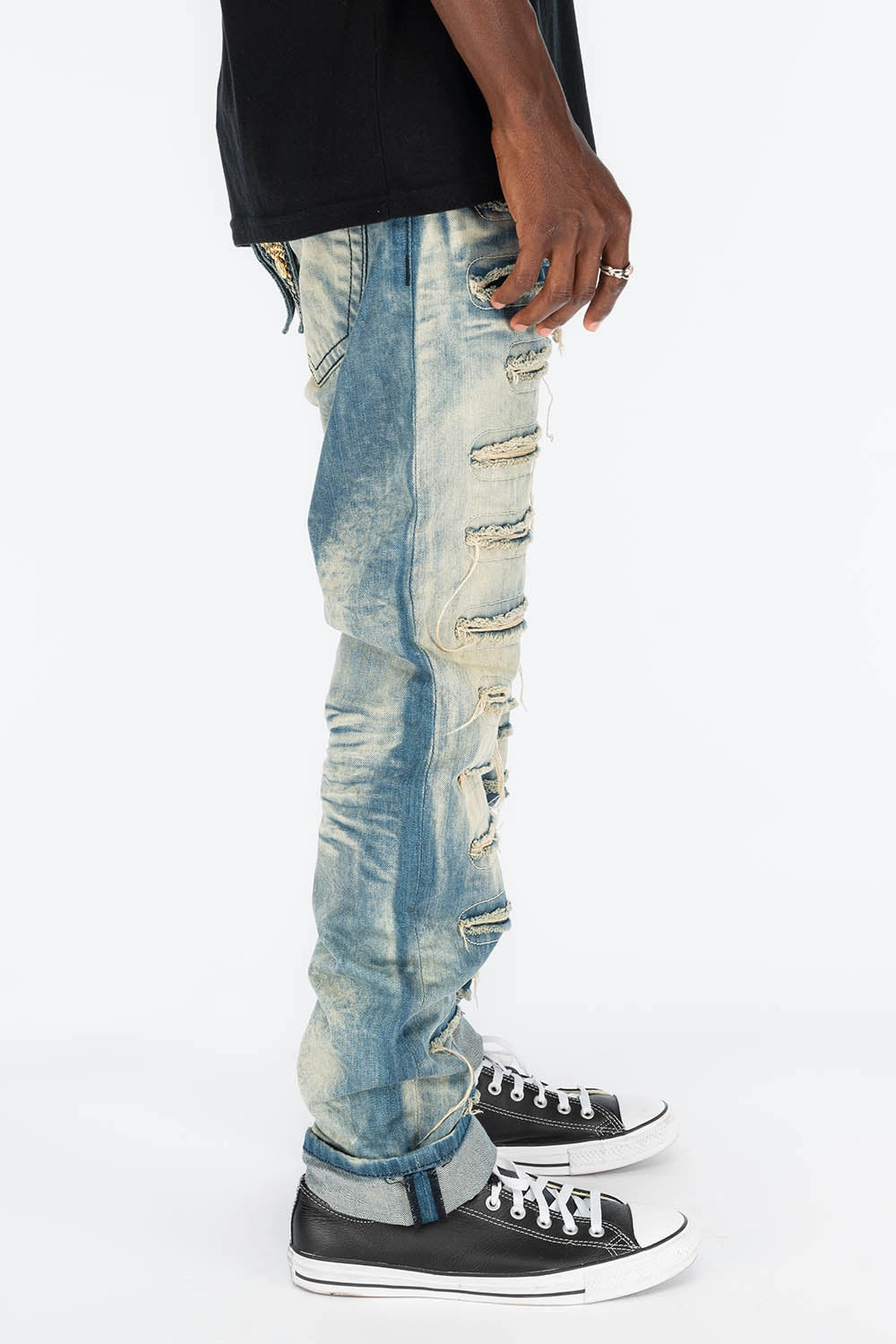 Creative Look Work Ready Lightweight Smart Layer VINTAGE RIPPED,DISTRESSED & REPAIRED JEANS WITH BACK POCKET CRYSTALS IN OMAHA WASH