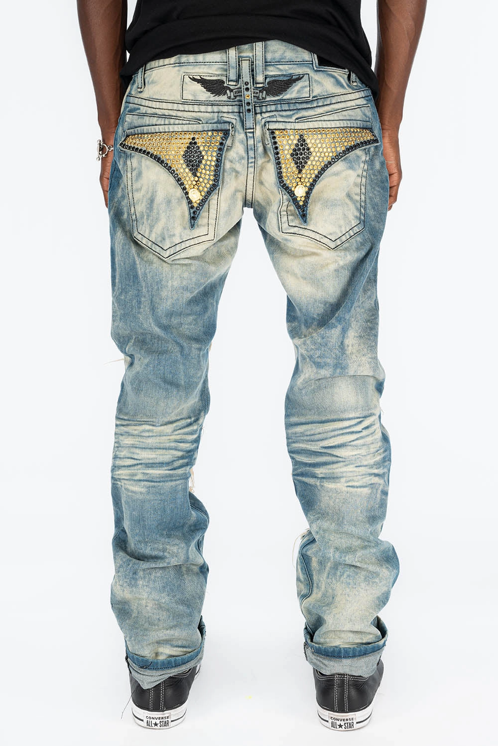 Weather Friendly Outerwear Friendly VINTAGE RIPPED,DISTRESSED & REPAIRED JEANS WITH BACK POCKET CRYSTALS IN OMAHA WASH