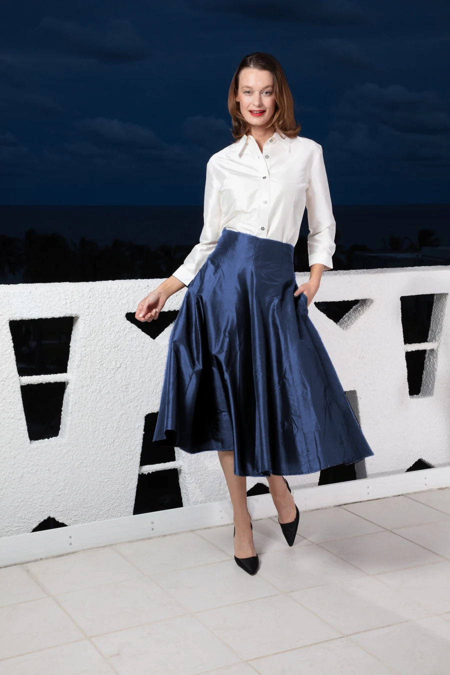 Mid-Calf Silk Skirt - Navy Soft Mood Neutral Tones