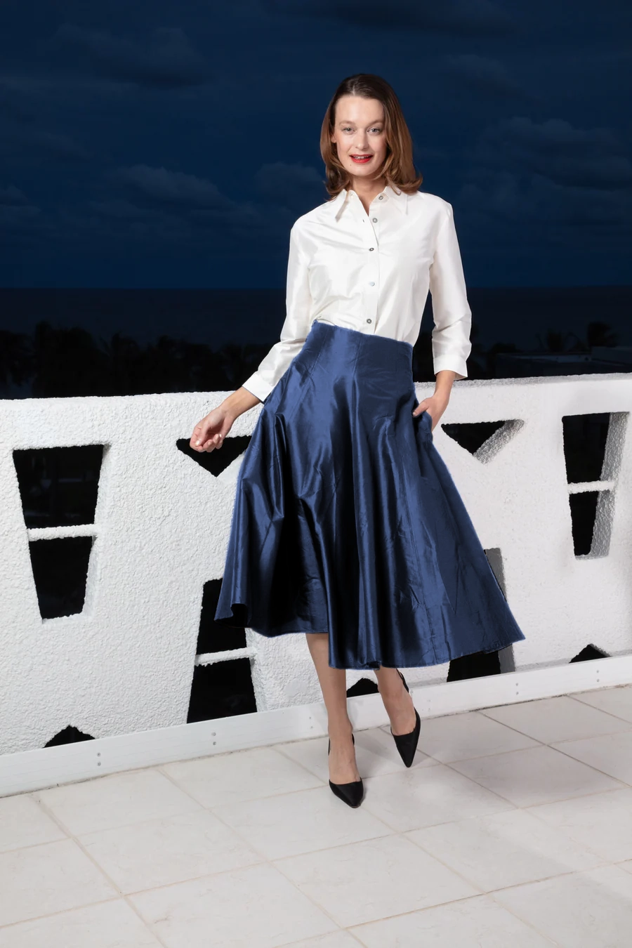Mid-Calf Silk Skirt - Navy Classic Mood Fast fashion
