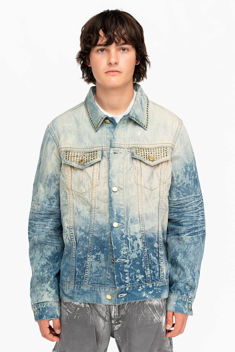 DENIM JACKET IN VINTAGE BLUE WITH CRYSTALS Quilted Interior Layer Non Iron Fabric Tech