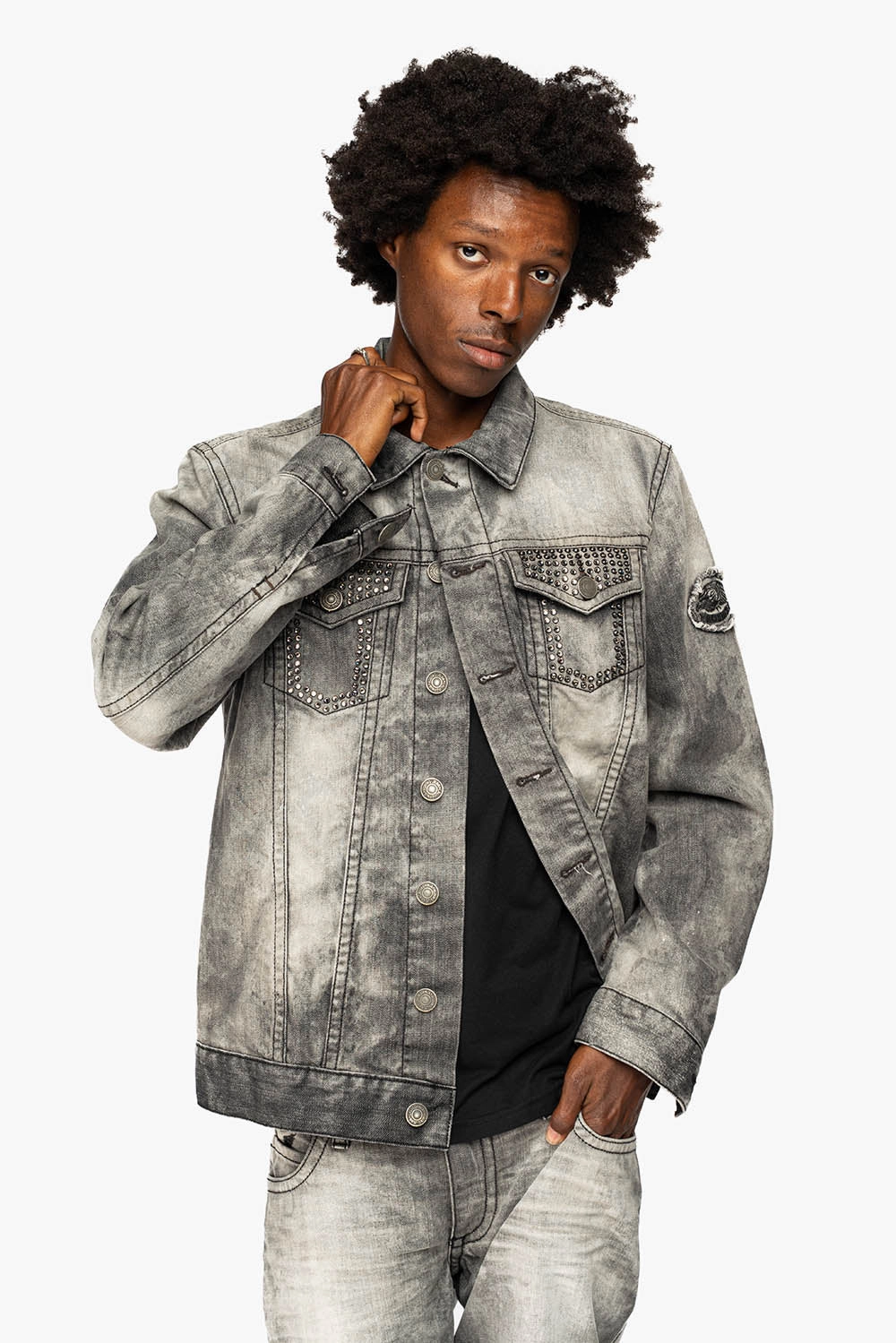 Friction Reducing Lining Stylish Outer Layer ROBINS MOTORCYCLE CLUB DENIM JACKET LIMITED EDITION IN GREY CHEROKEE WASH EMBELLISHED WITH CRYSTALS