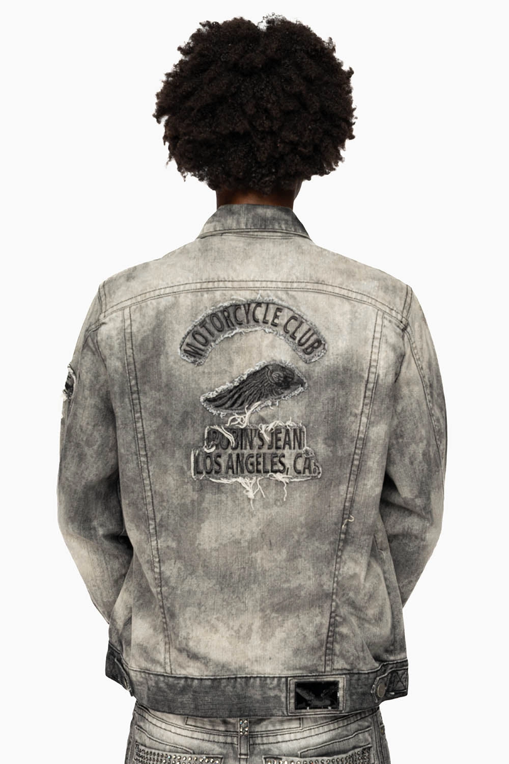 UltraQuietMaterial ROBINS MOTORCYCLE CLUB DENIM JACKET LIMITED EDITION IN GREY CHEROKEE WASH EMBELLISHED WITH CRYSTALS
