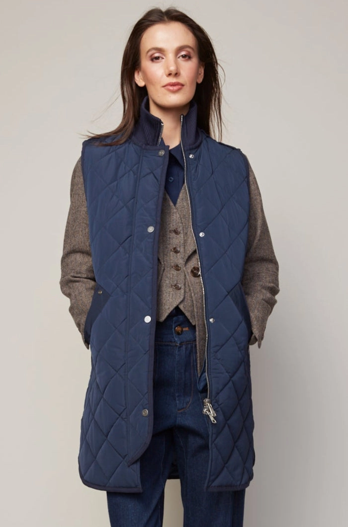 Cozy Comfort Layered Collar Destiny Sleeveless Quilted Vest With Zipper Detail - Navy