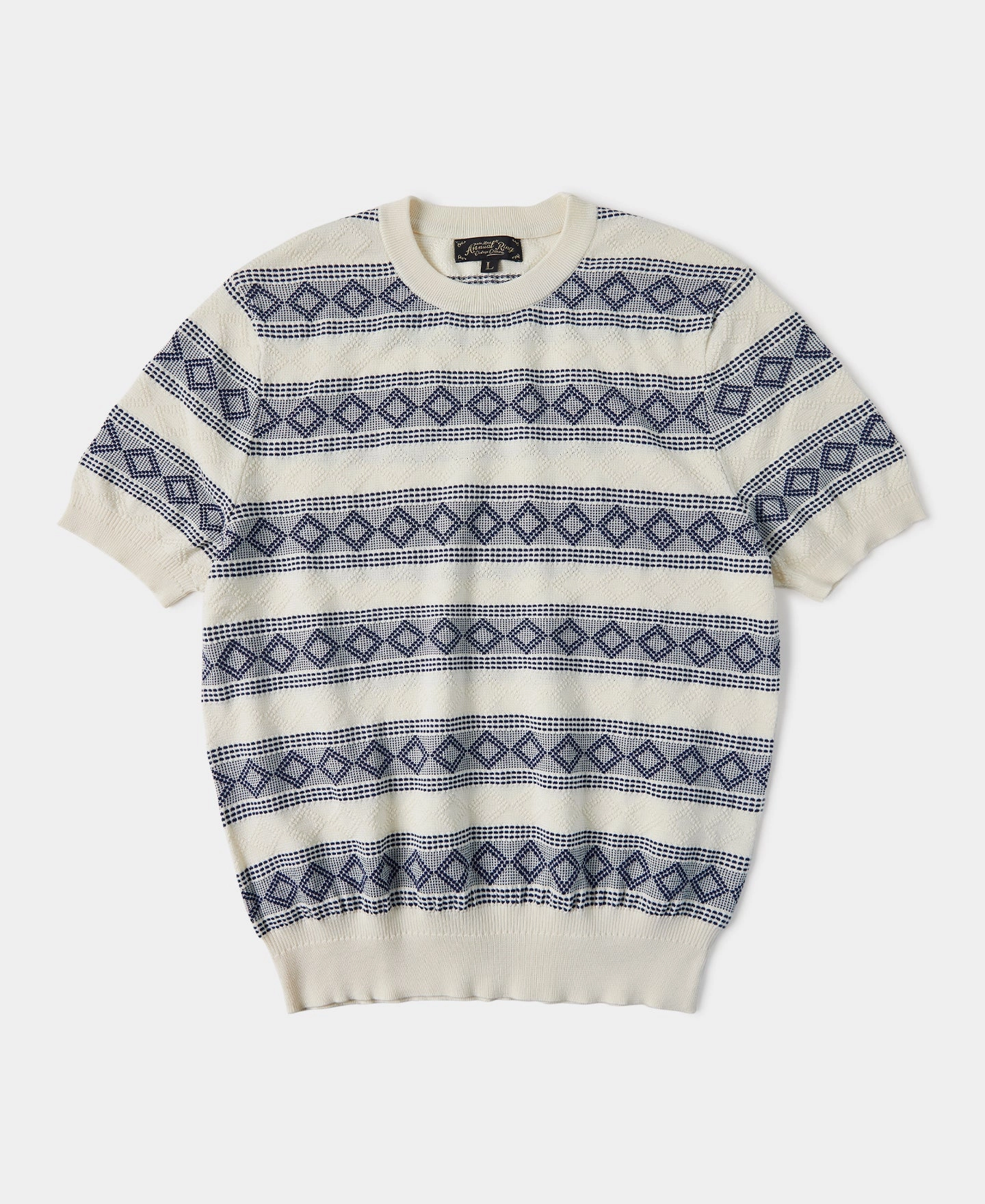 Diamond Pattern Jacquard Crew Neck T-Shirt - Blue/White DurableStitching SoftTouchFinish