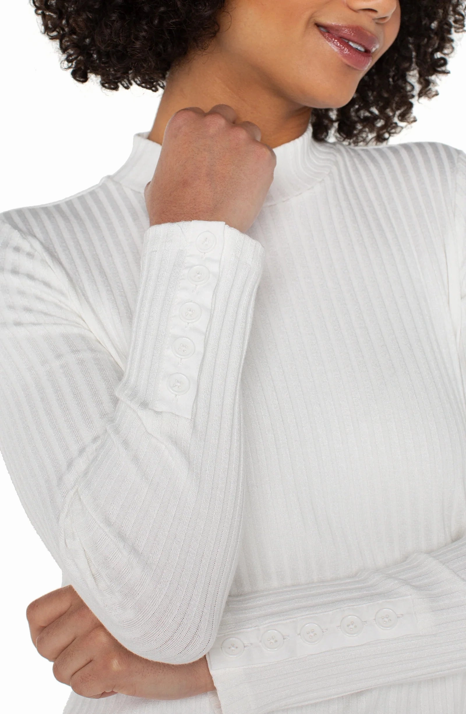 Liverpool Ribbed Mock With Button Cuff- Multiple Colors StretchFit Design