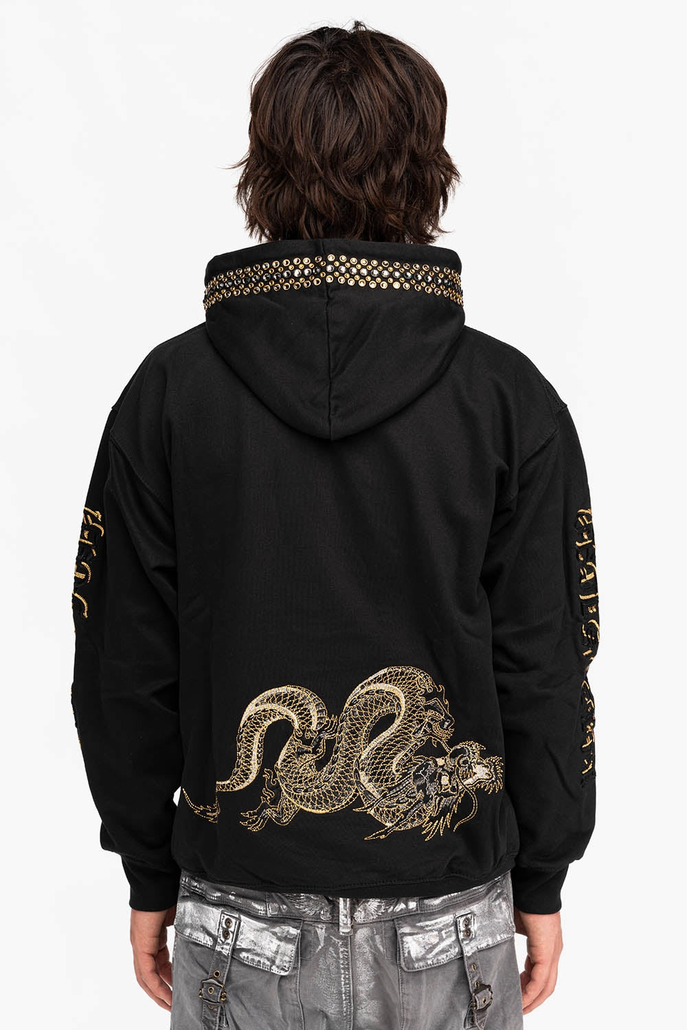 Neutral Colors DRESSED UP PULLOVER HOODIE WITH CRYSTALS IN BLACK