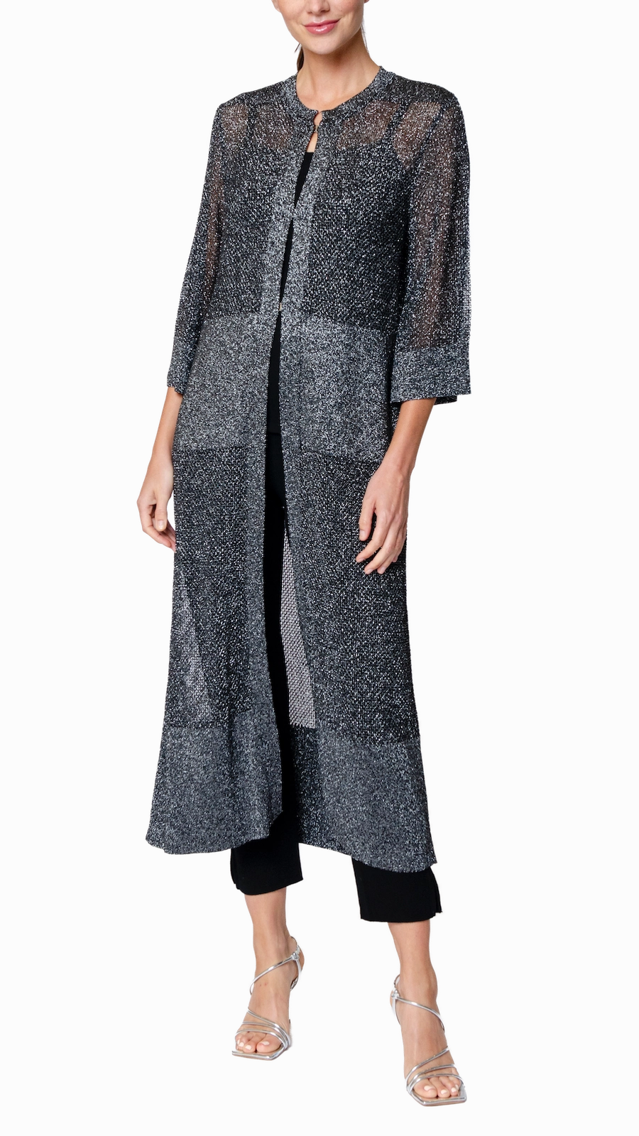 Arianna Shimmery Mesh-Knit Duster Coat - Silver Black Adjustable Cuff System