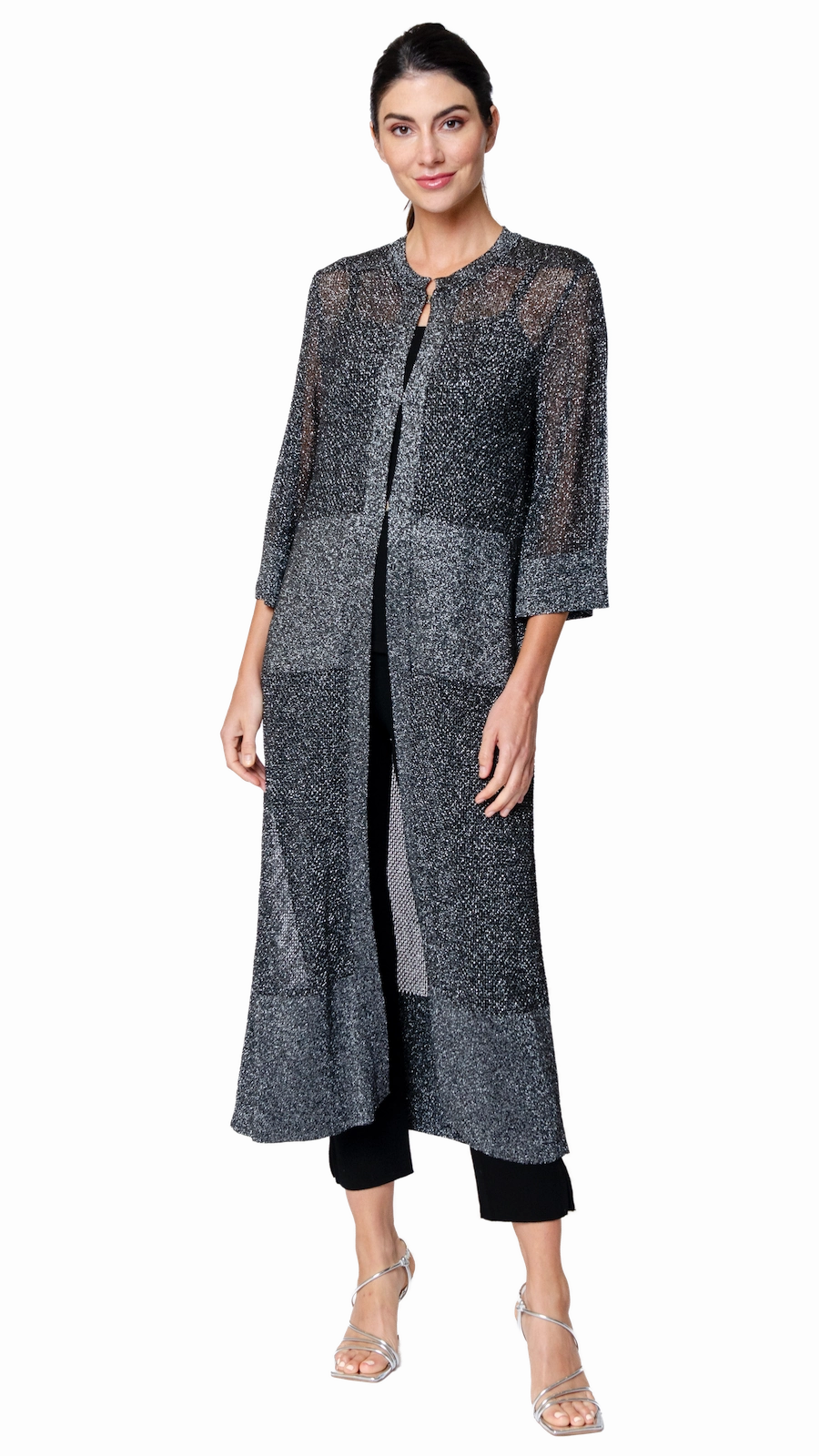 Durable Double Stitching Moisture Managing Liner Arianna Shimmery Mesh-Knit Duster Coat - Silver Black
