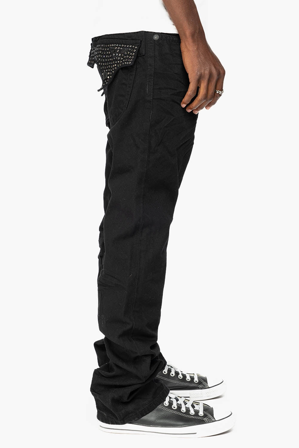 Customizable Hem Options Color Lock Technology ROBIN'S LIMITED EDITION  JEANS IN BLACK WASH WITH BLACK DIAMOND CRYSTALS