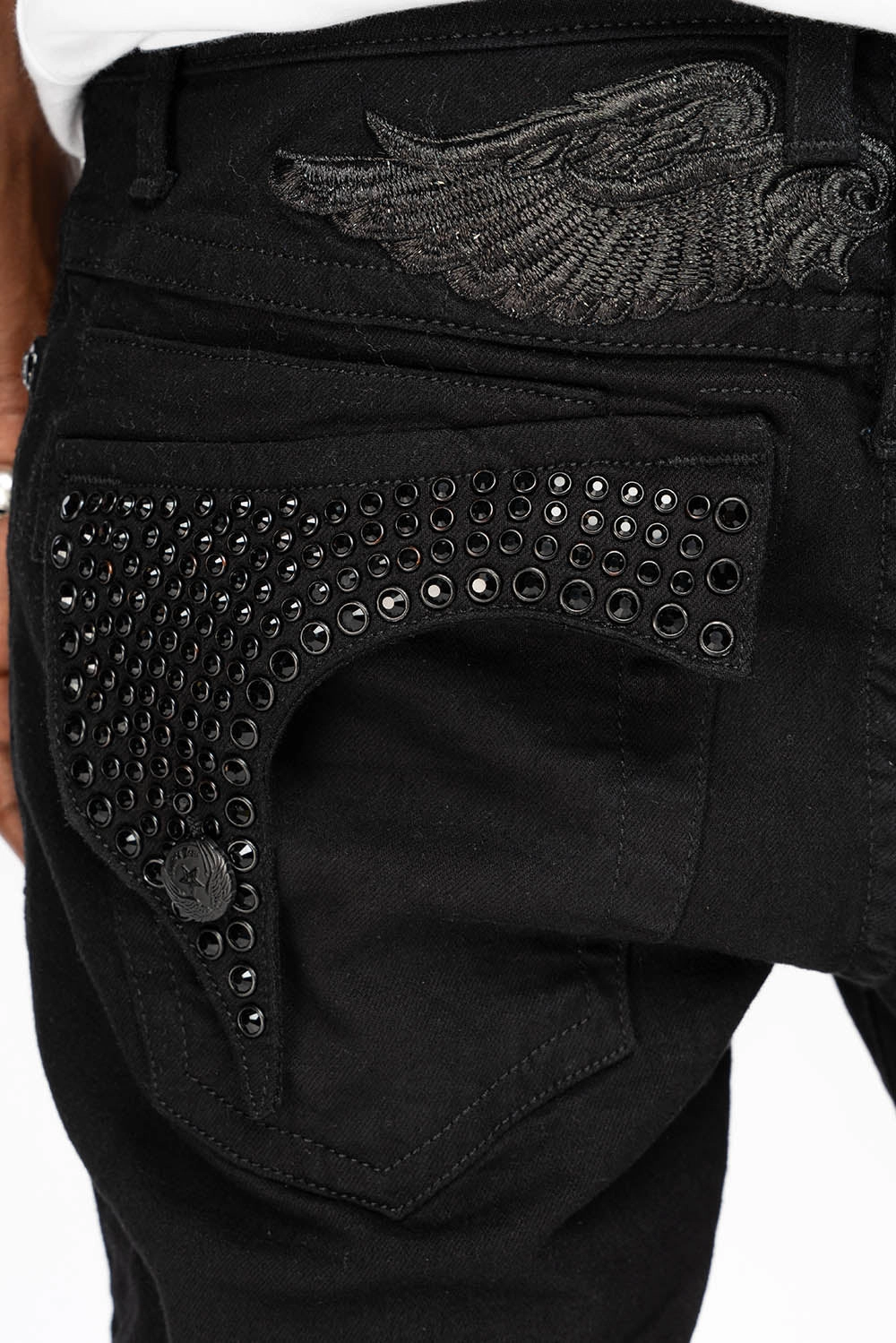 Daily Uniform KILLER FLAP MENS SKINNY JEANS IN PURE BLACK   FULLY EMBELLISHED JET BLK CRYSTALS