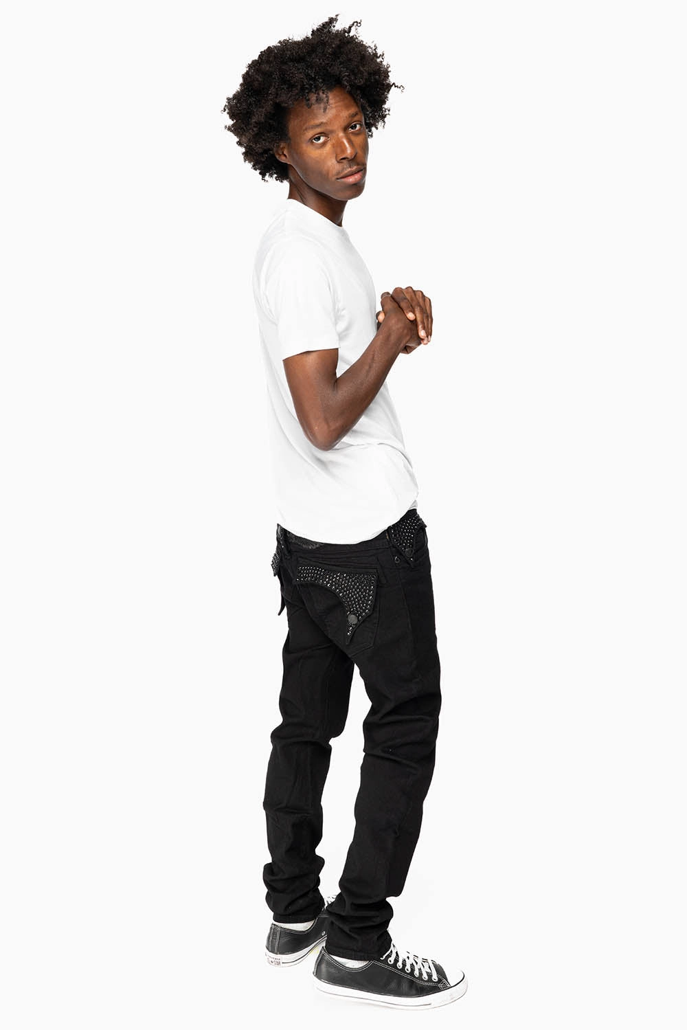 comfortable length Customizable length KILLER FLAP MENS SKINNY JEANS IN PURE BLACK   FULLY EMBELLISHED JET BLK CRYSTALS