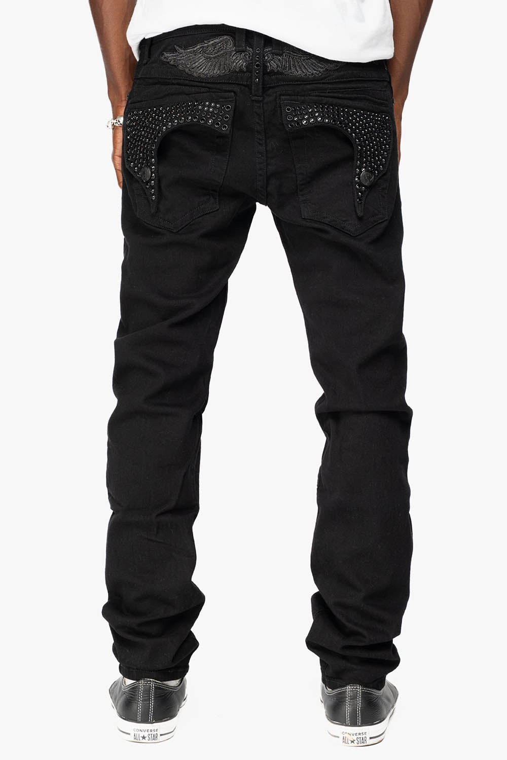 Versatile Wear KILLER FLAP MENS SKINNY JEANS IN PURE BLACK   FULLY EMBELLISHED JET BLK CRYSTALS