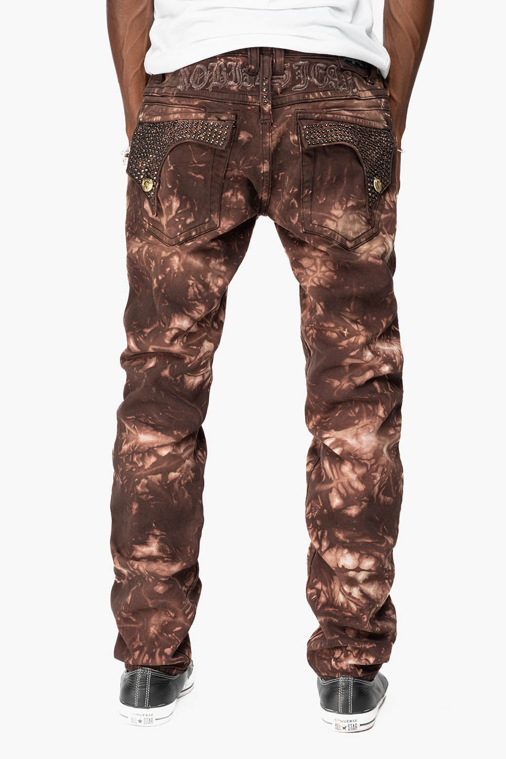 KILLER FLAP MENS SKINNY JEANS IN ASTRO BROWN WITH GOTHIC EMBROIDERY AND CRYSTALS Soft Fabric