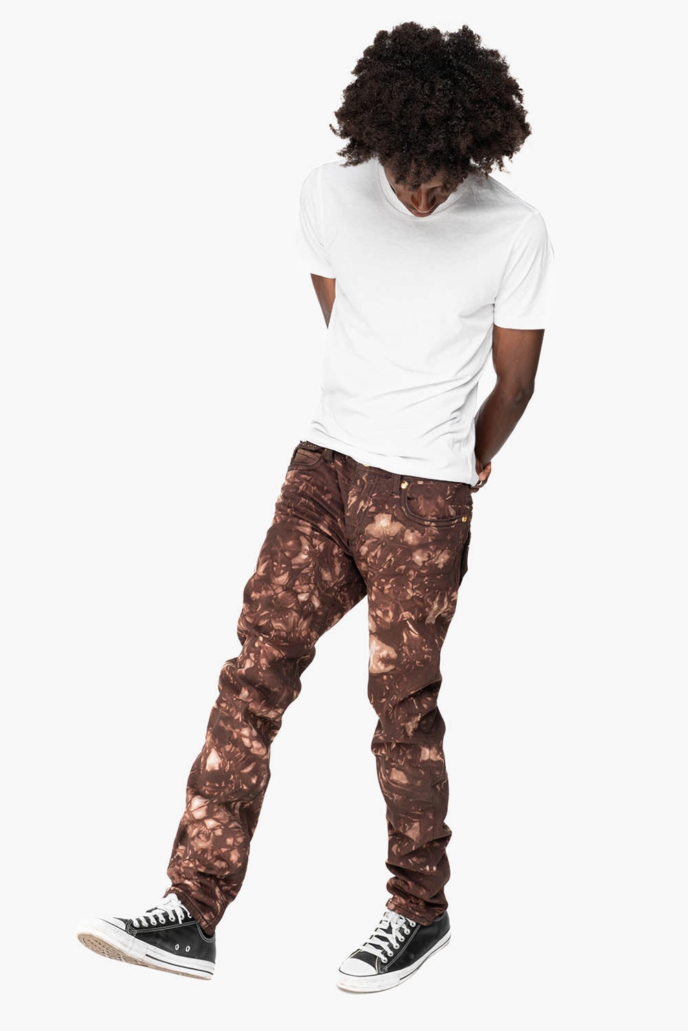 Comfy Home Comfort Weekend Getaway Date Night Loose Vintage Lover KILLER FLAP MENS SKINNY JEANS IN ASTRO BROWN WITH GOTHIC EMBROIDERY AND CRYSTALS