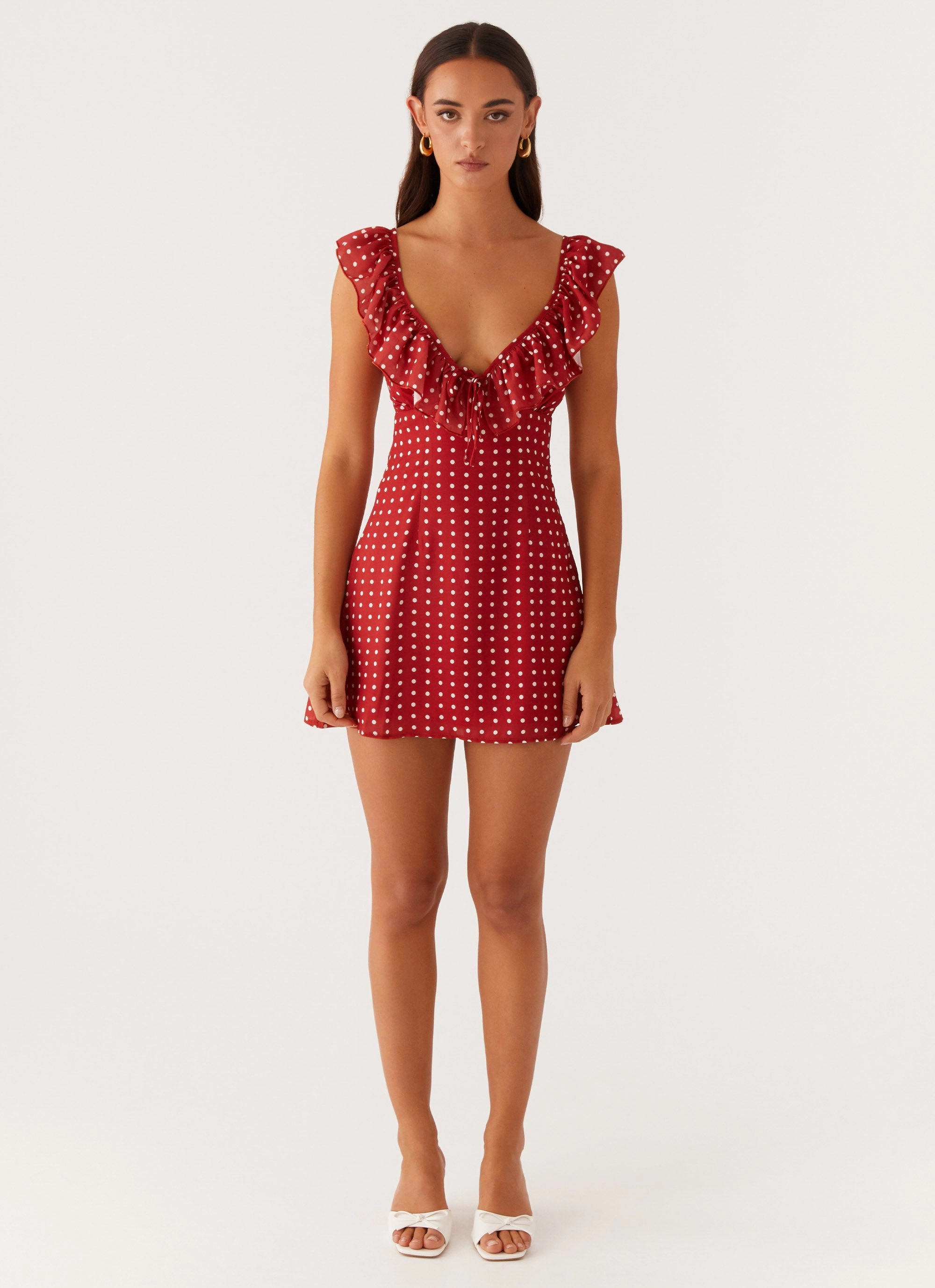 Adrina Ruffle Mini Dress - Red Polka Dot Pure Stitch