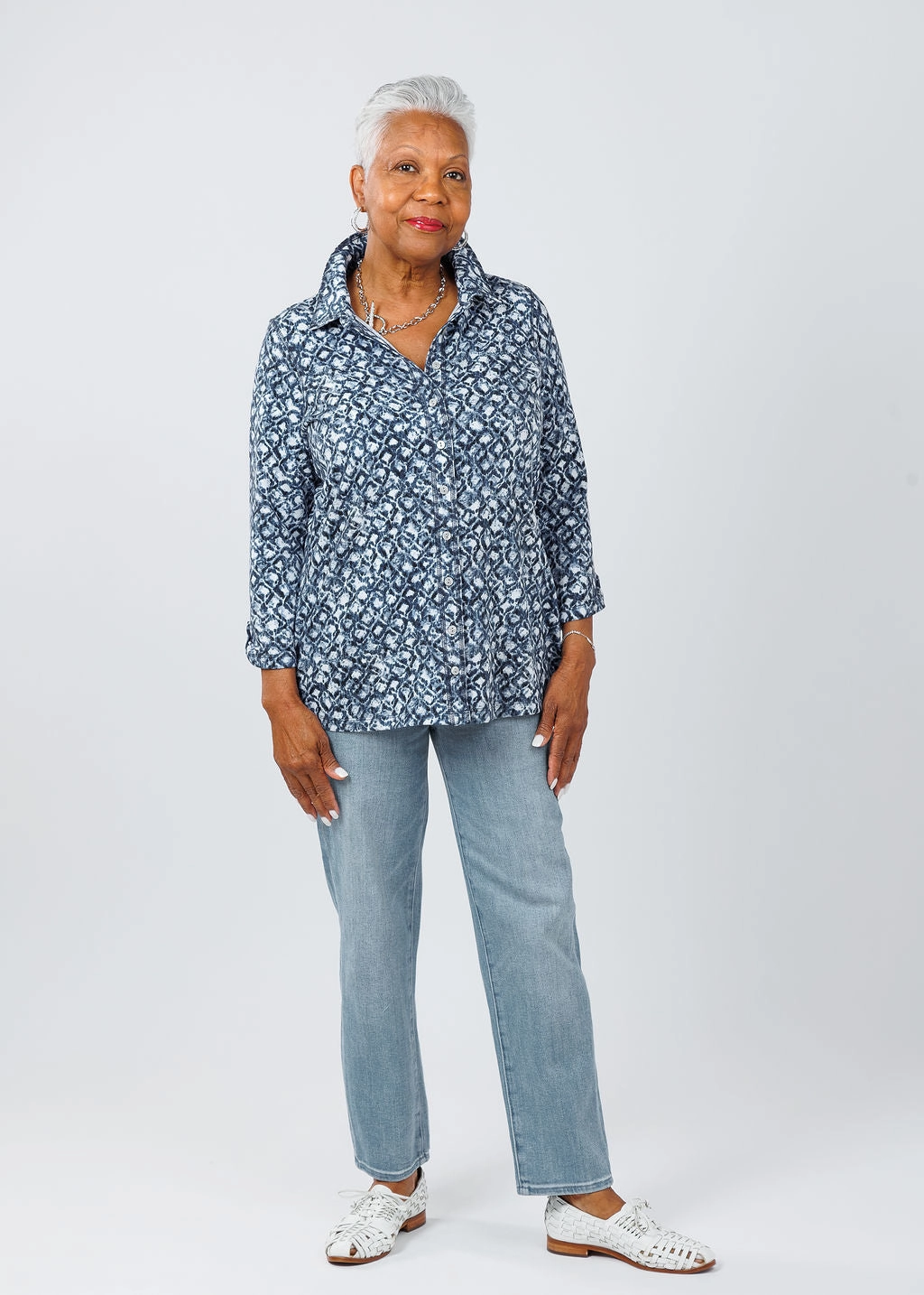 Timeless Comfort Friends Meetup Karen 3/4 Sleeve Shirt Jacket - Mosaic