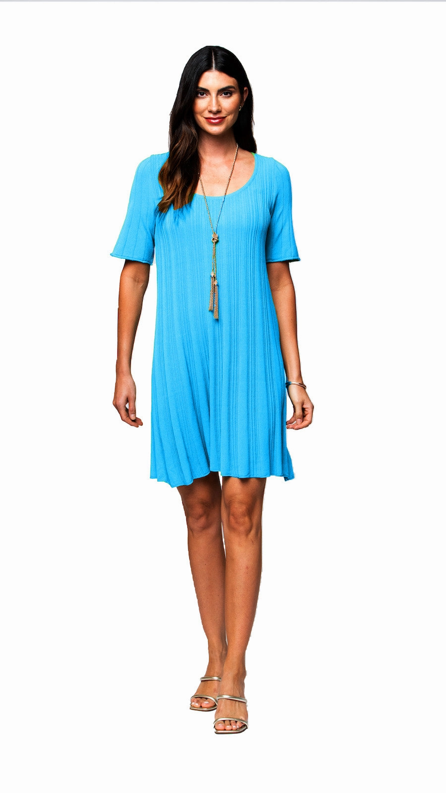 Soft Colorway Stephanie Wave Rib Knit Short Sleeved Swing Turquoise Dress