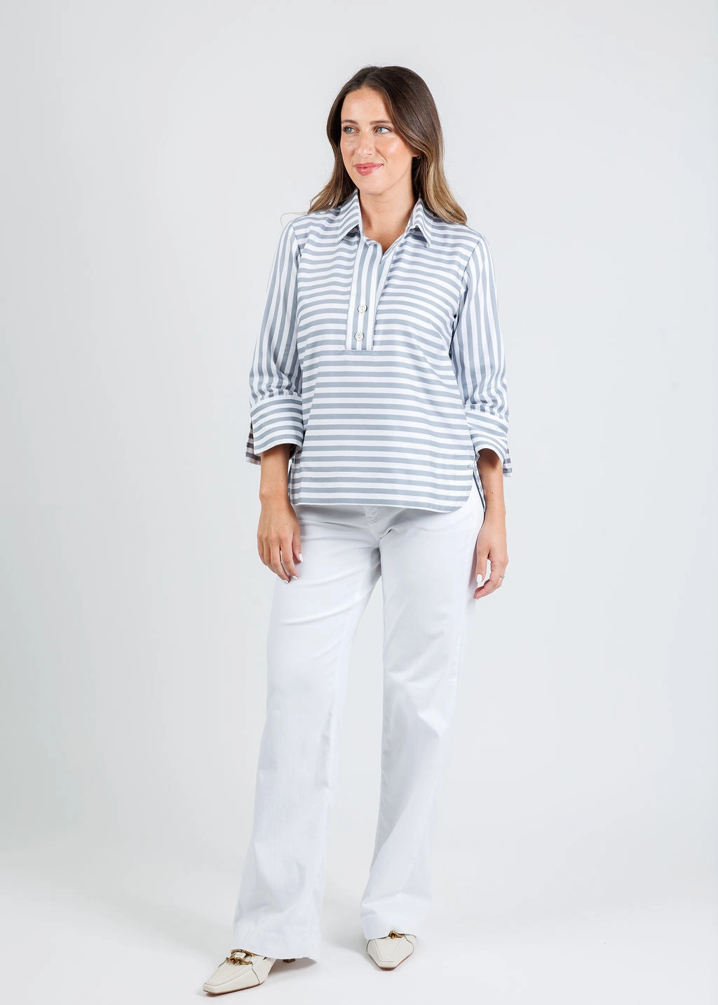 Aileen 3/4 Sleeve Stripe Gingham Combo Shirt - French Grey/White hypoallergenic