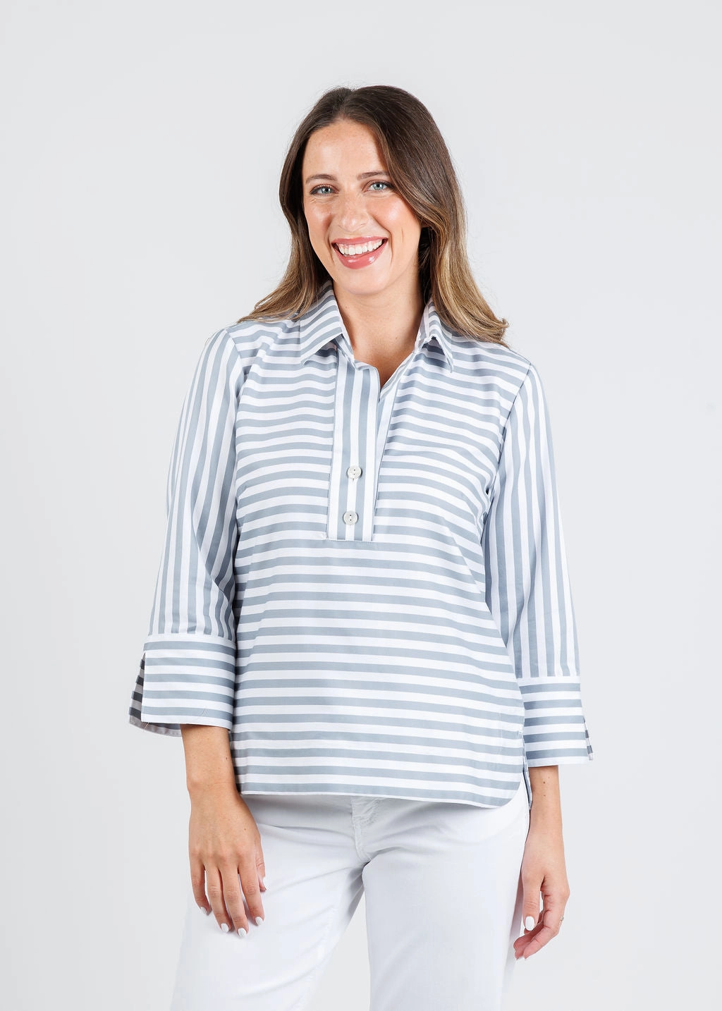 Aileen 3/4 Sleeve Stripe Gingham Combo Shirt - French Grey/White Everyday Essential