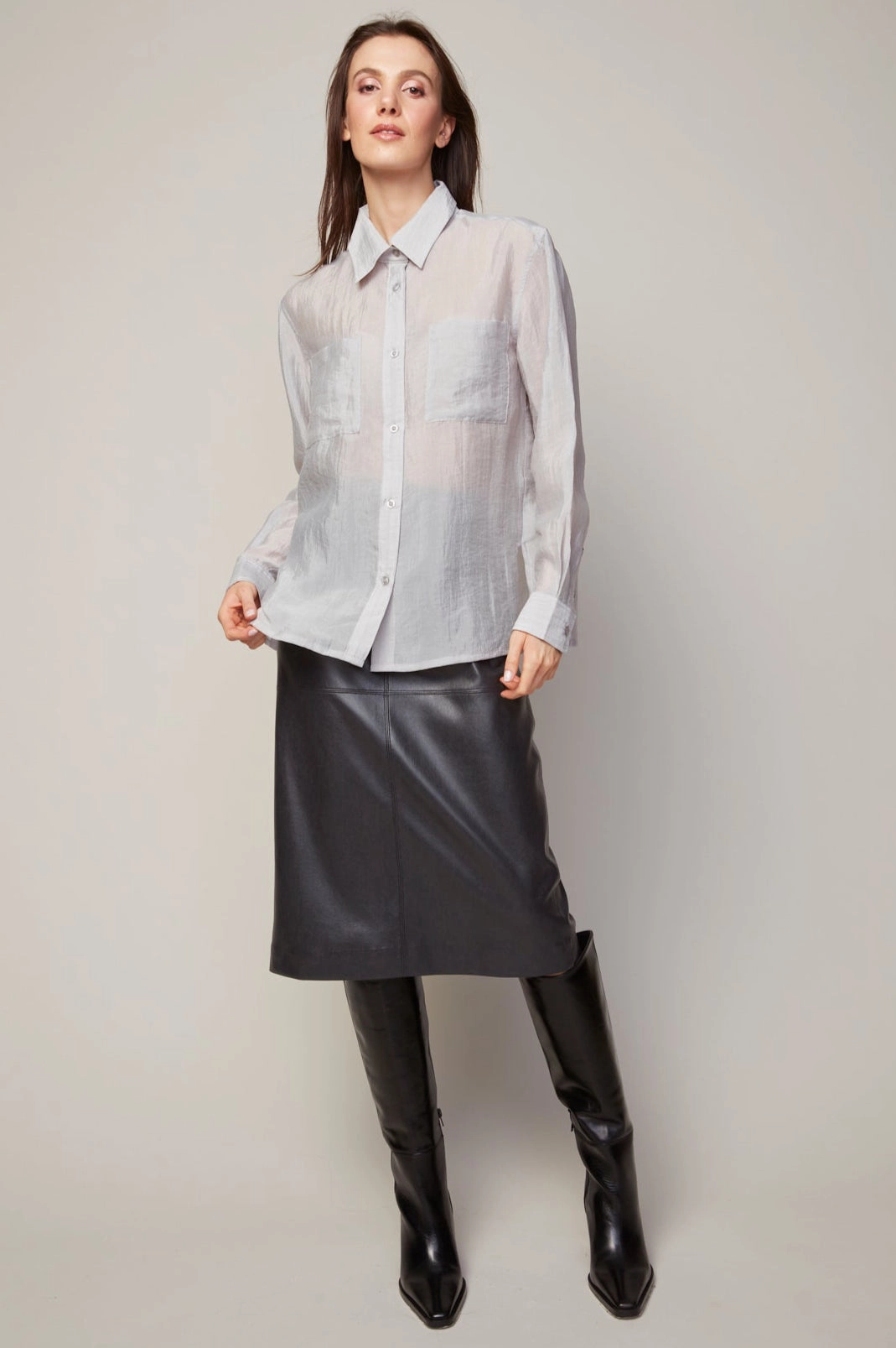 Flex Fit Collar Bijou Semi-transparent Buttoned Blouse With Patch Pocket - Grey