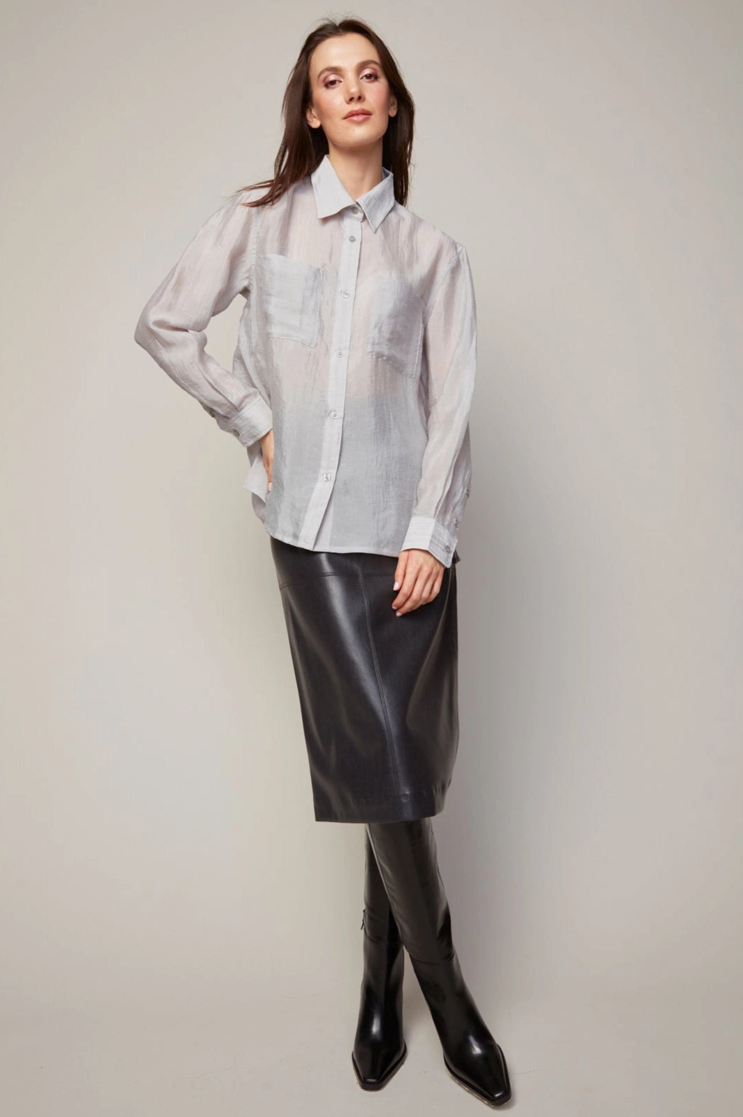 Wrinkle-Free Bijou Semi-transparent Buttoned Blouse With Patch Pocket - Grey