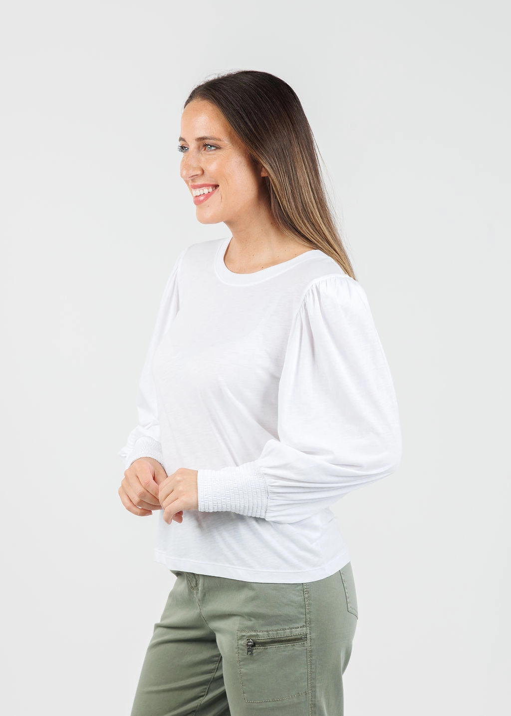 Loren Smocked Peasant Tee - White Wardrobe Staple Black Tie Optional