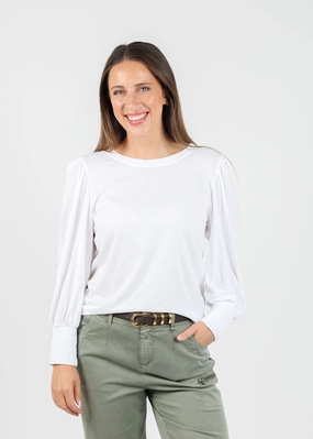 Loren Smocked Peasant Tee - White Tailored Fit