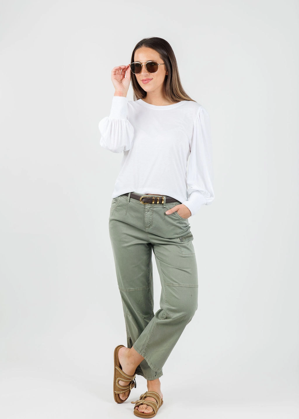 Loren Smocked Peasant Tee - White Roll-Up Sleeve