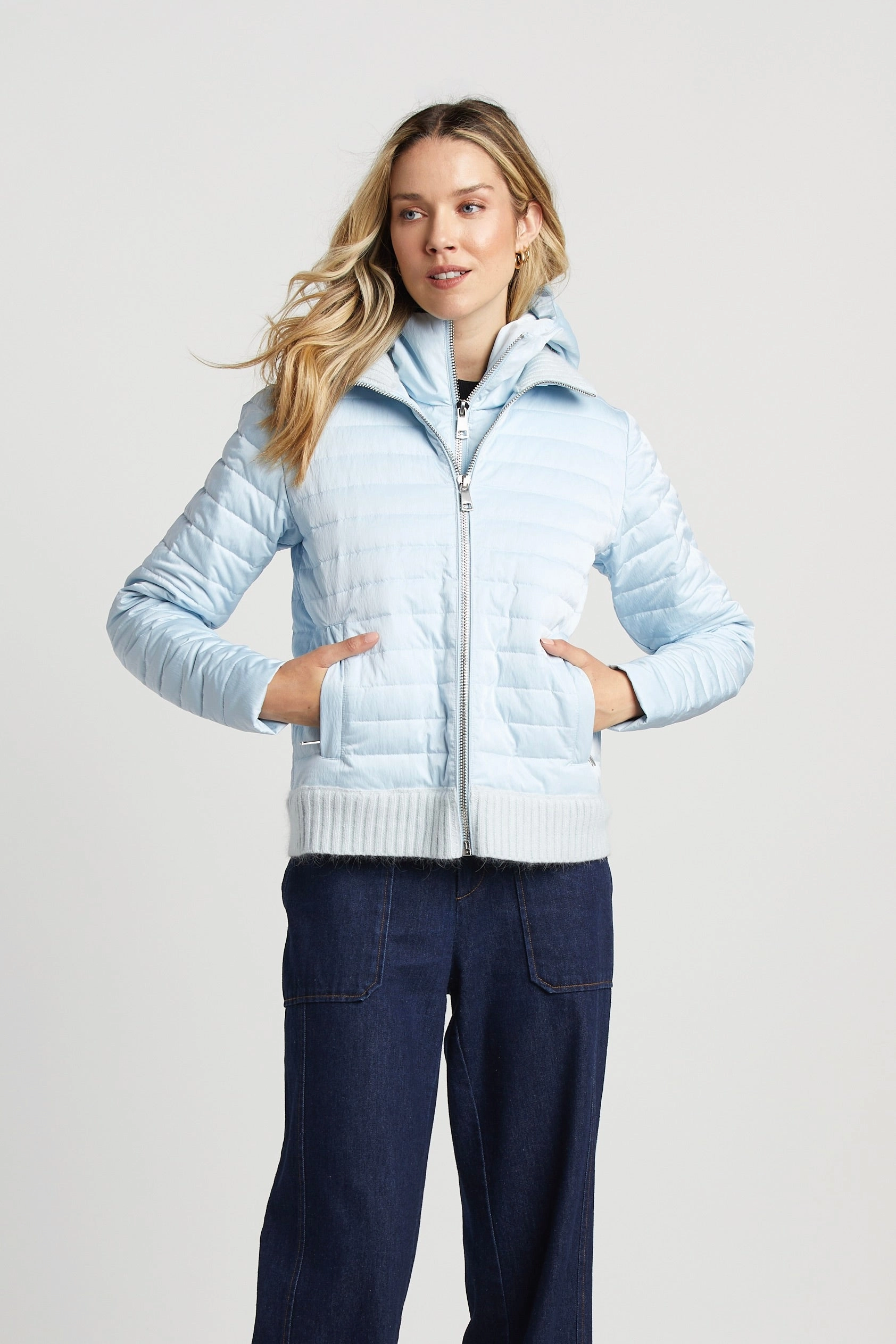 Weatherproof Zipper Tech Lulu Lightweight Quilted Down Jacket With Knit Trim Details - Ice Blue