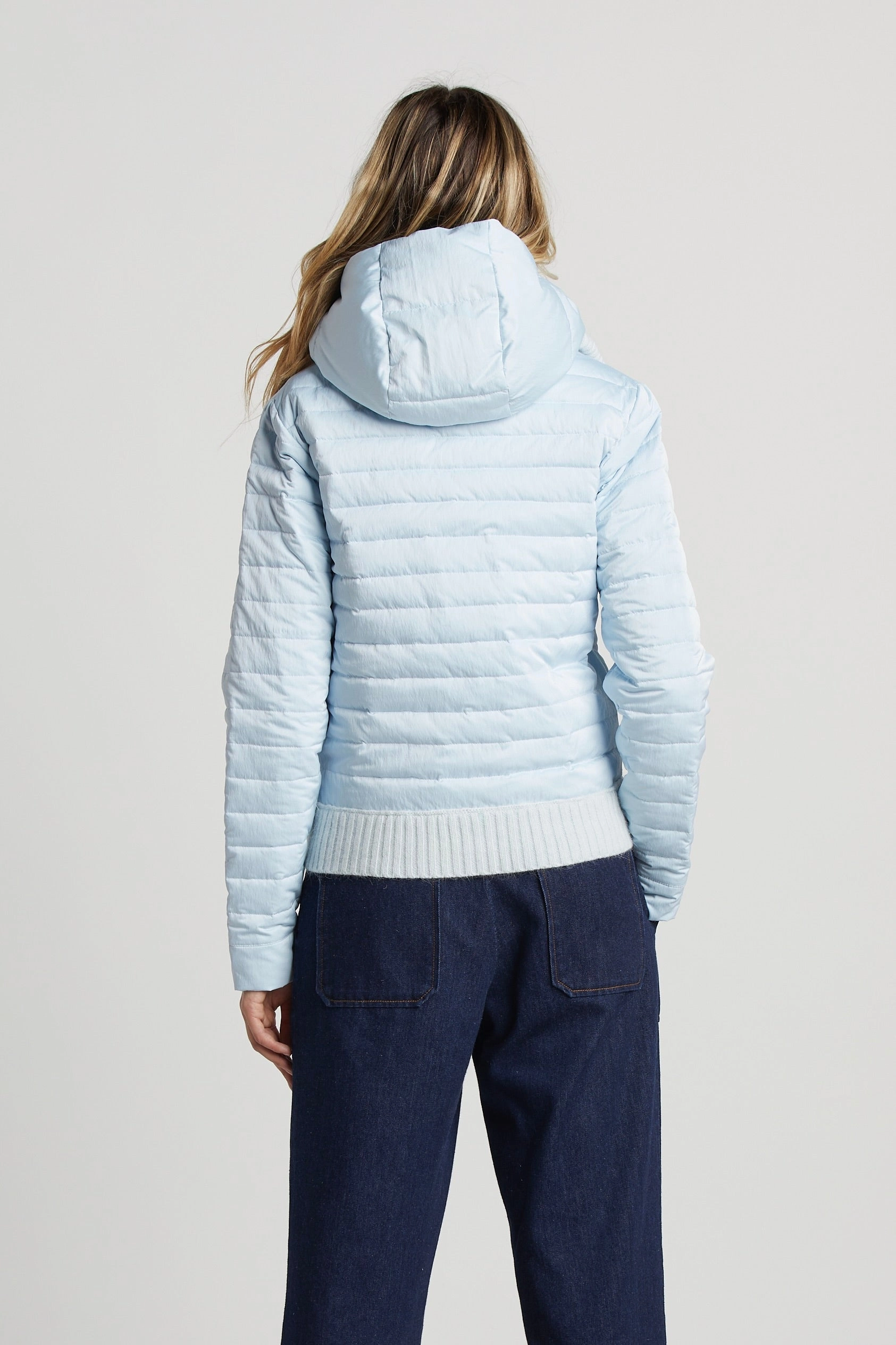 Lulu Lightweight Quilted Down Jacket With Knit Trim Details - Ice Blue Urban Explorer Look NonChafing Seam Placement