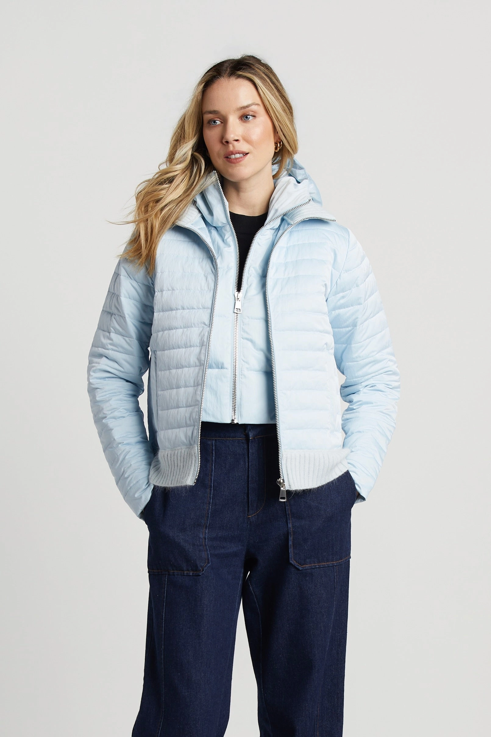 Essential Style Extended Coverage Lulu Lightweight Quilted Down Jacket With Knit Trim Details - Ice Blue