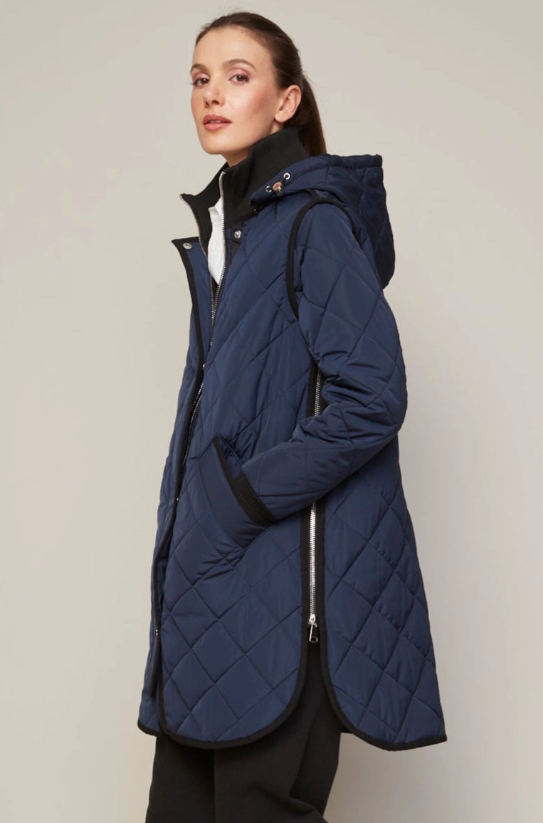 Libby Quilted Full Zip Coat With Removable Hood - Navy Simple Modern Piece Weekend Ready Look