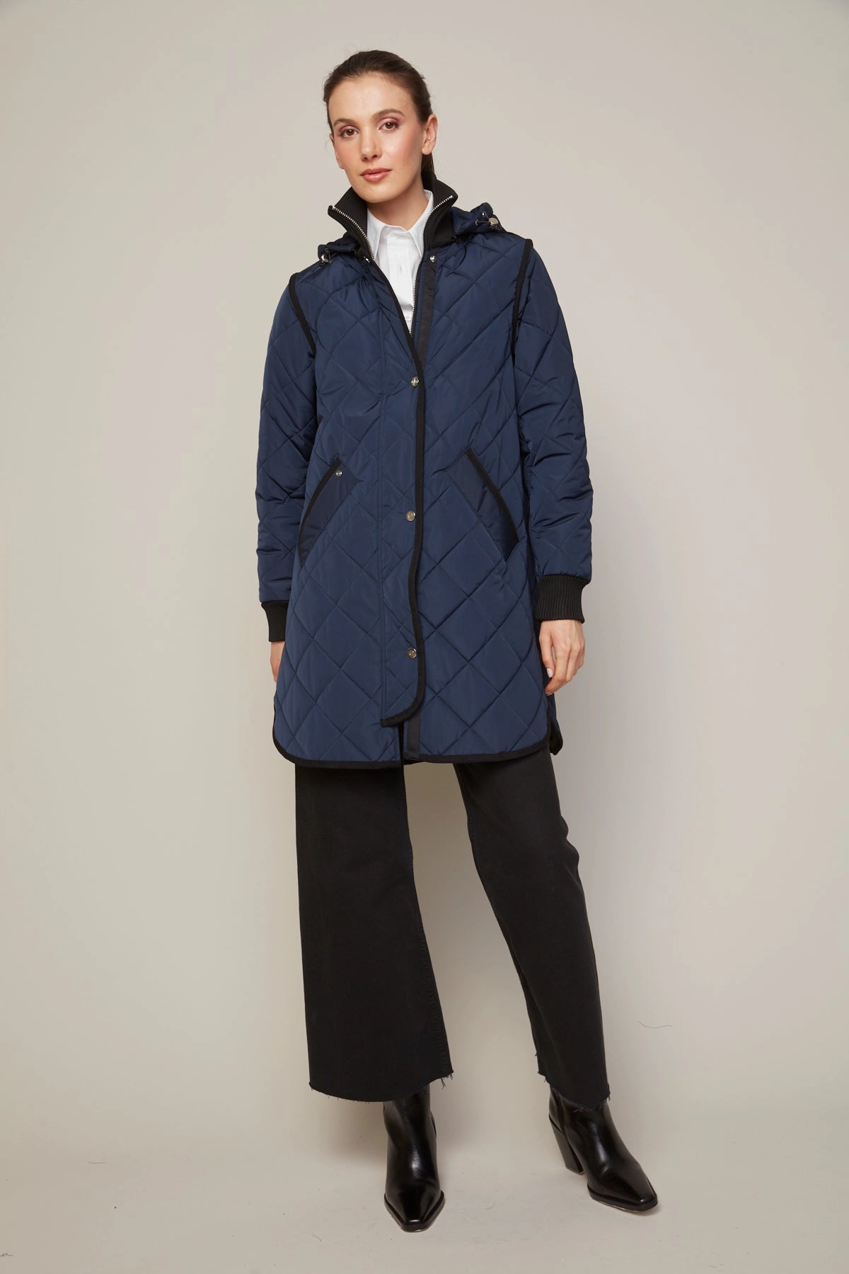 Libby Quilted Full Zip Coat With Removable Hood - Navy Non Bulky Profile