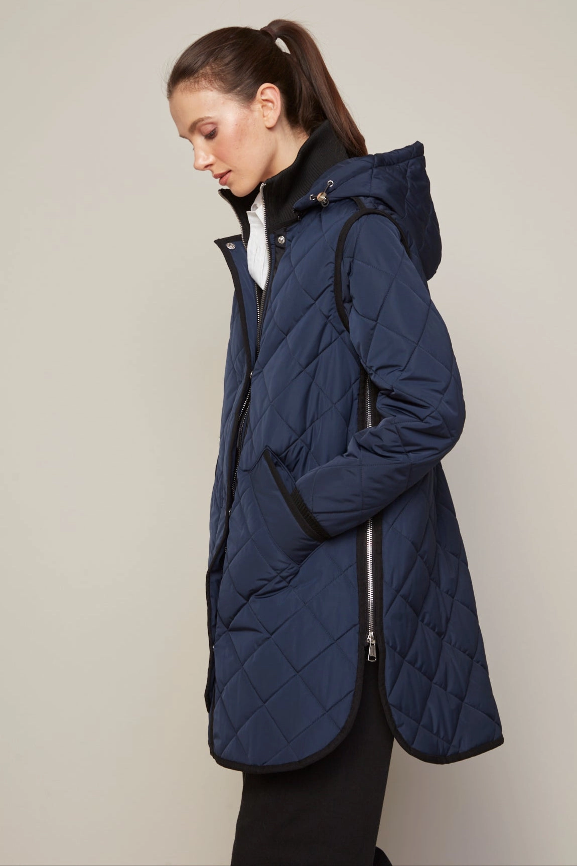 Seamless Knit Cuffs Weekend Casual Libby Quilted Full Zip Coat With Removable Hood - Navy