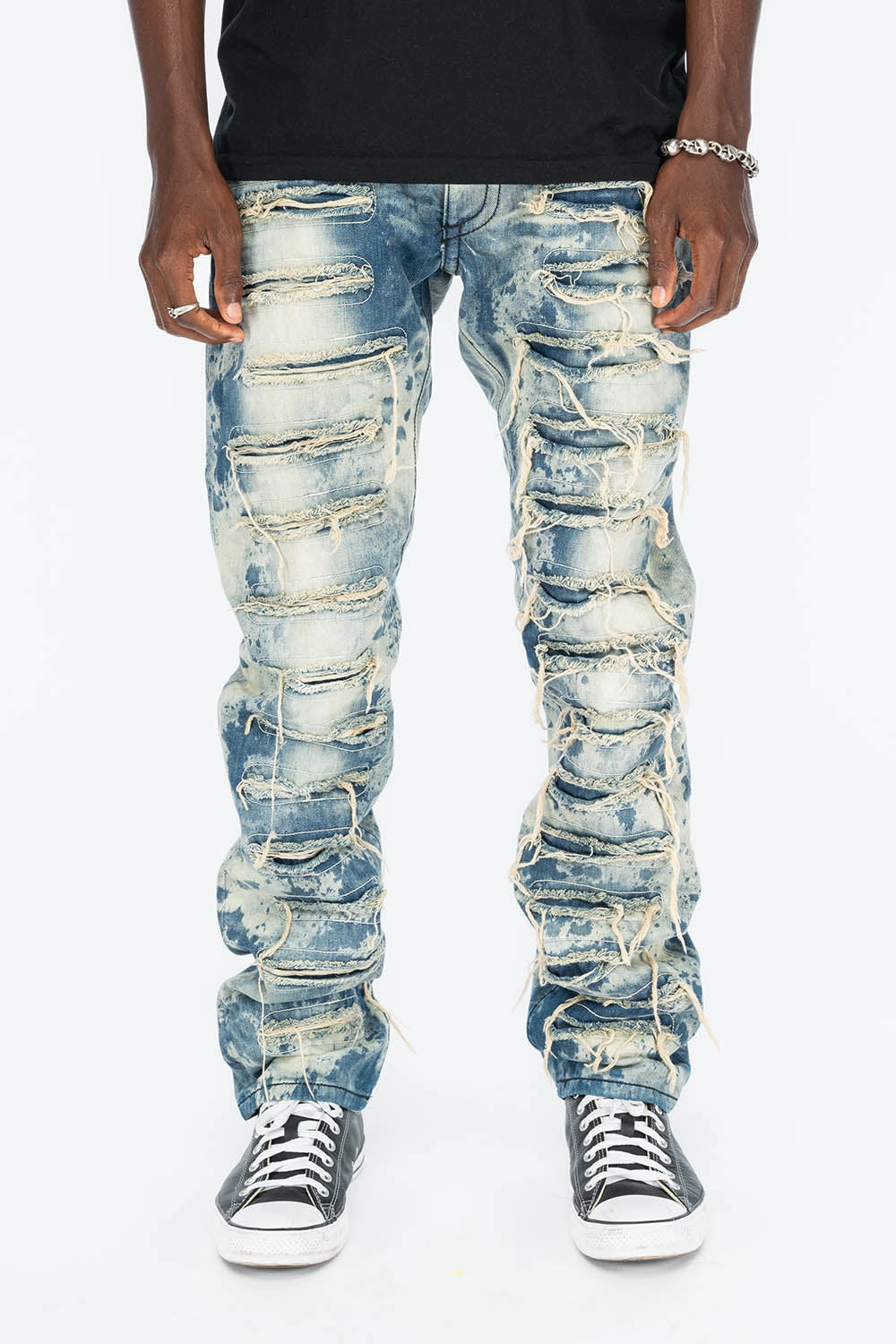 Stay Stylish Iconic Outfit VINTAGE DISTRESSED & REPAIRED JEANS WITH BACK POCKET CRYSTALS IN BLUE CHEROKEE WASH