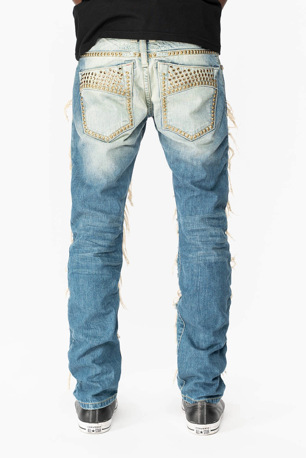 MARLON RIPPED,BROKEN HAND REPAIRED DENIM JEANS IN MANDAN BLUE WITH SMOKEY TOPAZ CRYSTALS AND  NAILHEADS No Fuss Style